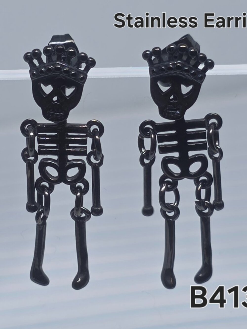 Stainless Black Skellington Dangle Stud Earrings B4133